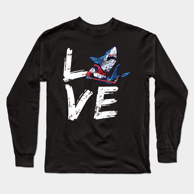 Hockey Shark Lover Distress Design Long Sleeve T-Shirt by WPKs Design & Co